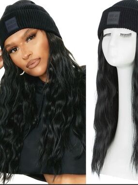 Black Beanie Synthetic wig with Long Wavy Dark Brown Hair